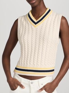 AMO Selma Chunky Cable Knit Sweater Vest Beige Size L Pima Cotton Preppy